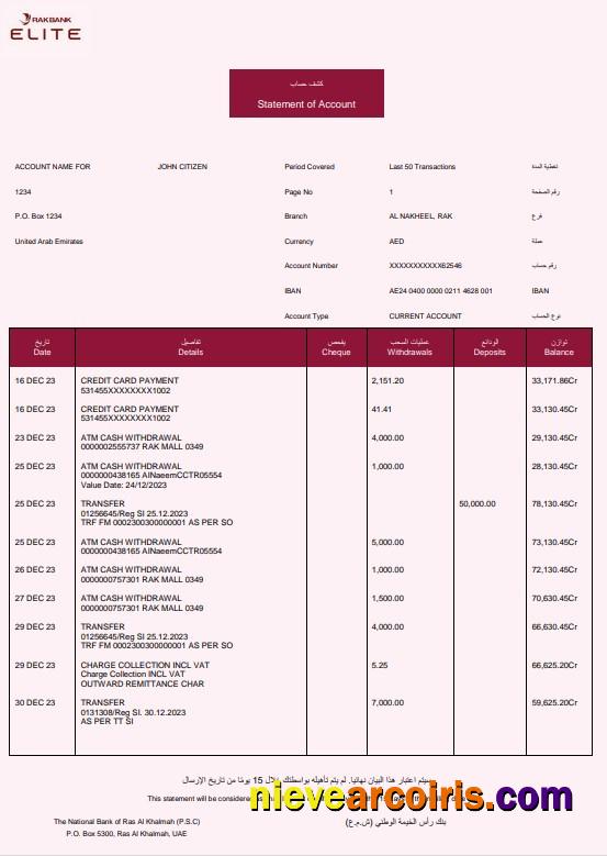 UAE Rakbank Elite bank statement Word and PDF